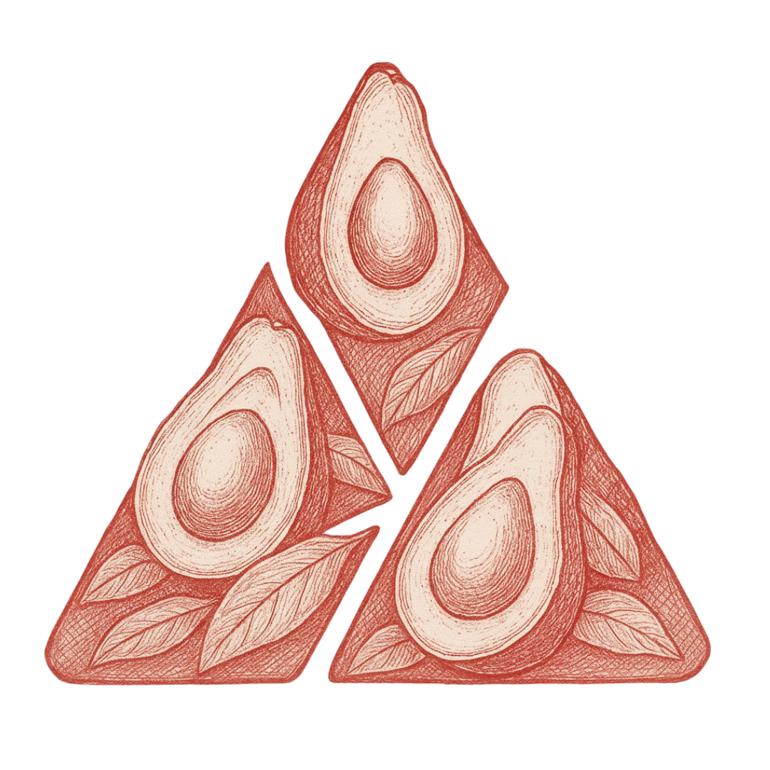 Large grayscale avocado illustration on the right
